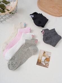 6 Pairs New Spring/Summer Fashion Solid Color Bow Embroidery Print Women's Lightweight Hollow-Out Sweat-Absorbent Random Color Elastic Short Socks, Elegant Versatile Breathable Durable - Multicolor - View 7