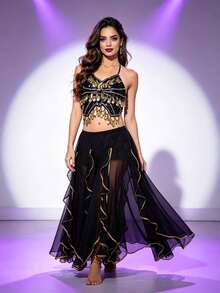 Professional Belly Dance Embroidered Coin Fringe Halter Crop Top, Elastic Waist Gold Trim Chiffon Skirt For Dance Training, Shows And Competitions - Multicolor - View 8