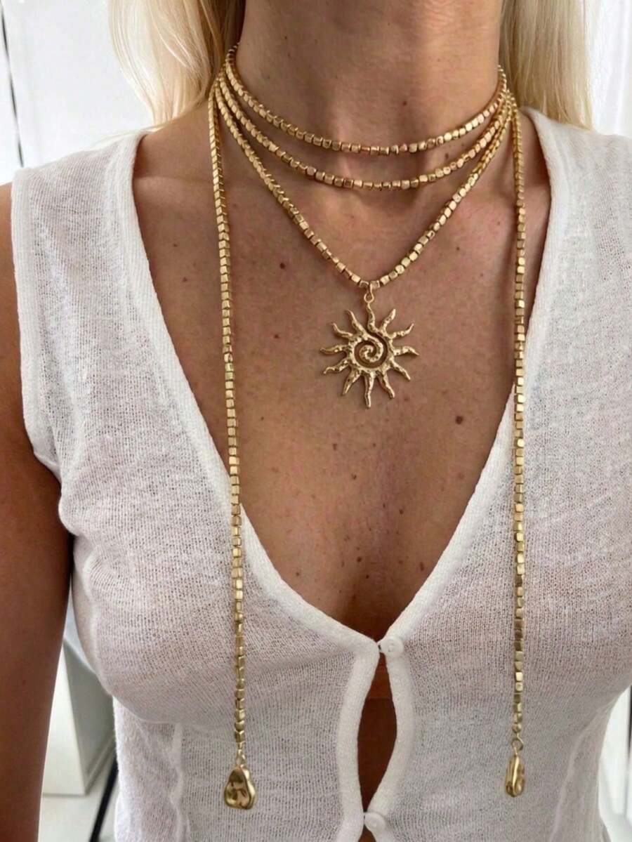 Collar de cuentas para mujer, adecuado para uso diario y vacaciones - Oro - Ver 1