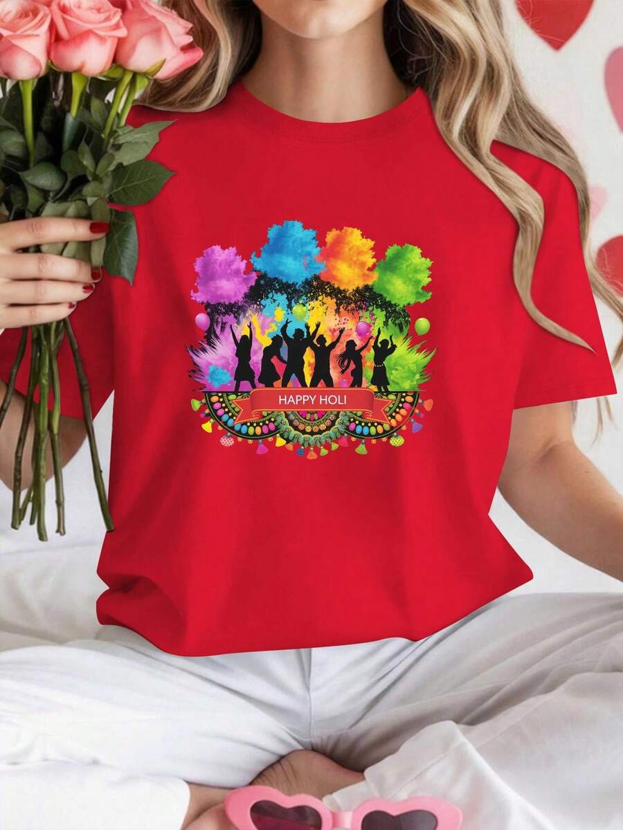 NEW Women's Pure Cotton T-Shirt With Dynamic And Colorful Holly Design, Comfortable Fit - Vintage Urban Style, Unisex Short Sleeve Crew Neck Loose Cotton T-Shirt - 紅色 - 查看 1