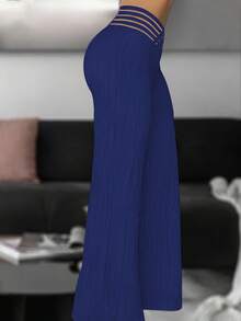Women's Trousers 2025 Summer Fashion Overlay Waist Mesh Sheer Patch Casual Plain High Waist Wide Leg Long Flared Trousers Streetwear - 藍色 - 查看 3