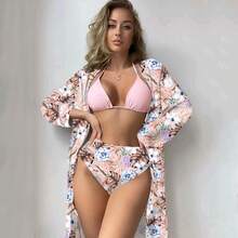 Conjunto de Baño 3 Piezas Estampado Tropical Flores y Piñas, Bikini Halter Negro Liso, Braguita Alta Cintura + Kimono Largo Estampado para Playa y Piscina - Amarillo - Ver 9