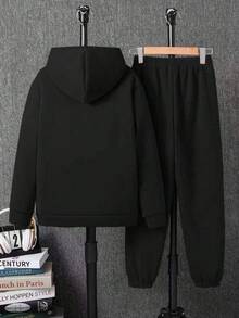 2pcs/Set Boys Letter Print Hooded Sweatshirt And Sweatpants Set - Black - View 2