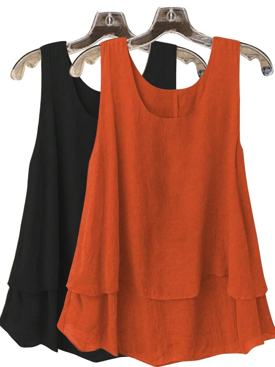 Camiseta sin mangas de talla grande, camisola sin mangas para mujer, camisa holgada de cuello redondo para verano (collar no incluido). - Negro + Rojo Sandía - Ver 1