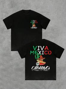 Sombrero mexicano cactus y calavera con texto Viva México Cabrones Camiseta doble cara para hombre estilo urbano casual fiesta patriótica - Negro - Ver 1