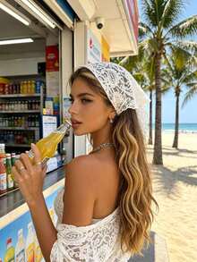 1pc Black & White Lace Hollow Triangle Bandana Headband, Beach Vacation Travel Outfit Accessory, Fashion Waist Wrap Hip Scarf, Premium Solid Color Headband - Multicolor - View 7