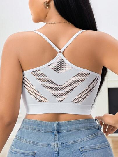 1pc Plus Size Seamless Mesh Hollow Breathable Women's Bra And Lingerie, Comfortable Backless Seamless Plus Size Women's Bra And Camisole