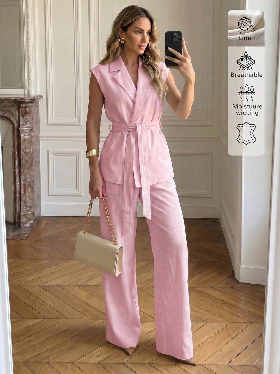 優雅休閒時尚通勤日常極簡亞麻兩件套,優雅上衣與長褲女款,度假穿搭女裝,夏季套裝粉色 - 粉色 - 查看 1