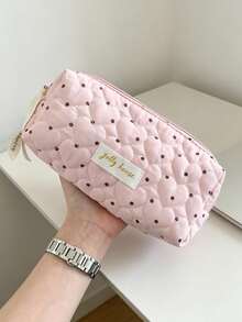Cute Heart Quilted Pink Polka Dot Makeup Bag Soft Cotton Travel Cosmetic Organizer Bag With Handle, Large Capacity Toiletry Wash Bag Pencil Case - Pink - View 13