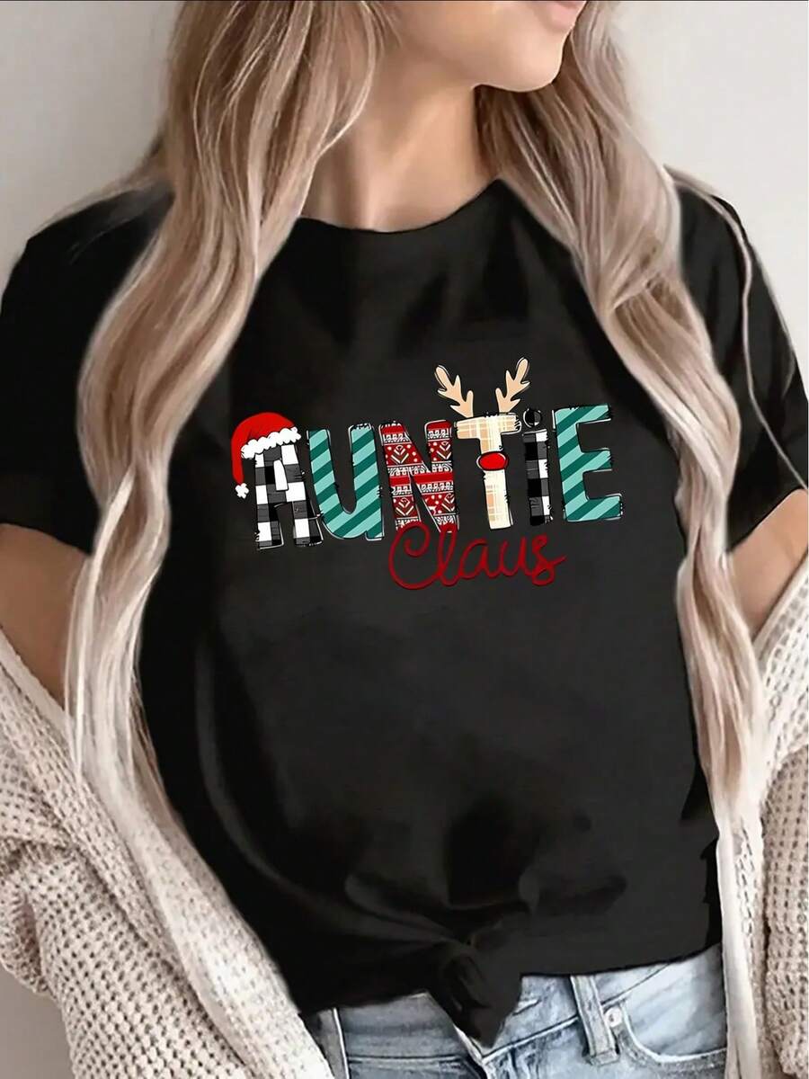 1 paquete de camisetas de manga corta para mujer, ligeras y cómodas, con un atractivo diseño de Papá Noel, perfectas para ocasiones festivas y celebraciones familiares. - Negro - Ver 1