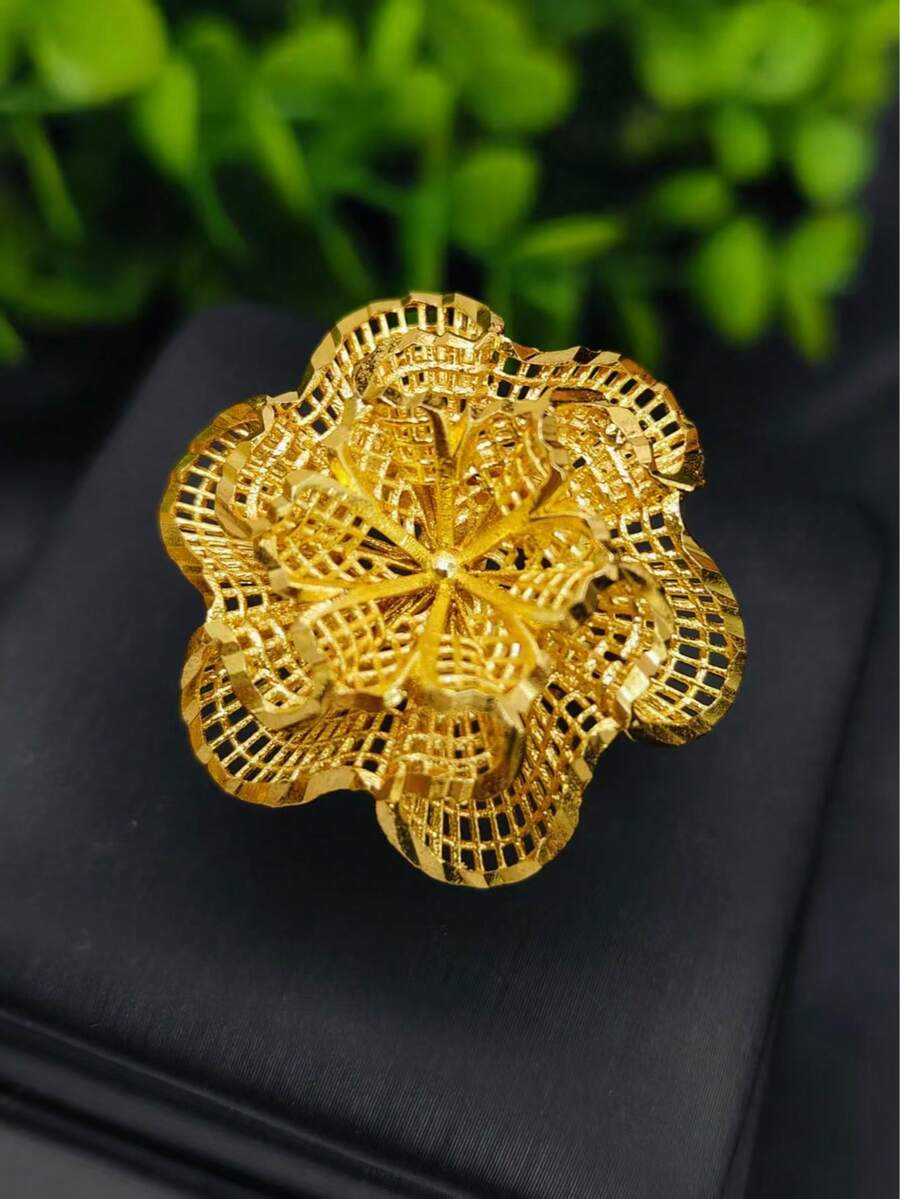 1pc Fashion Women's Copper Plated Gold Long Hollow Floral Ring Index Finger Ring European American Middle East Dubai Bride Wedding Banquet Dress Accessory Date Valentine's Day Mother's Day Holiday Gift Hand Jewelry - Yellow Gold - View 1