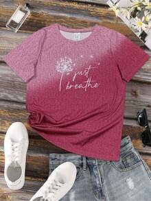Dandelion Print T-Shirt With The Phrase "Just Breathe", Casual Short Sleeve Top With Round Neck, Women's Clothing - 粉色 - 查看 2