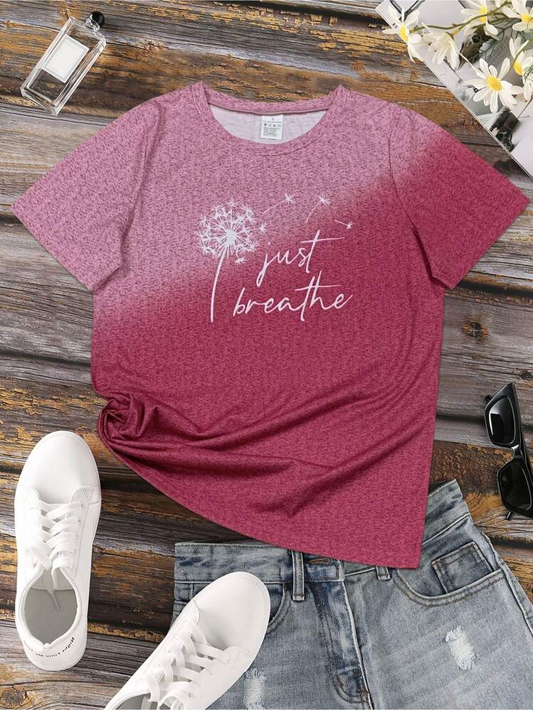 Dandelion Print T-Shirt With The Phrase "Just Breathe", Casual Short Sleeve Top With Round Neck, Women's Clothing - 粉色 - 查看 2