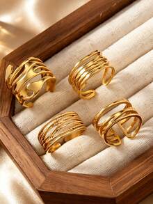 4pcs Summer Elegant Stainless Steel Asymmetrical Hollow Line Women's Ring Set, Suitable For Daily Wear, Date, Holiday Accessories, Open Adjustable - Gold - View 2