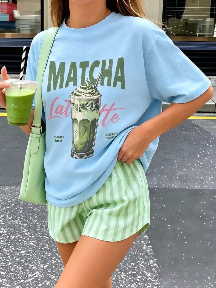 少女印花短袖T恤,学生青少年服装,夏季上衣,专为准备玩耍的女孩设计 - 淺藍色 - 查看 1