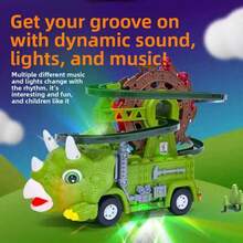 Coche de juguete para niños de gran capacidad con pista de ensamblaje multifunción, coche eléctrico con dinosaurio Tiranosaurio, Triceratops, pato amarillo y camión de bomberos, pista con bucle y tobogán, luces de colores, música dinámica, giro automático, evitación de obstáculos, deslizamiento omnidireccional, juguete educativo divertido e interactivo para niños, regalo adecuado para bebés de 2 años en adelante, regalo de cumpleaños y vacaciones (requiere 3 pilas AA) - Multicolor - Ver 10