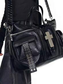 Tas Tote Bergaya Motor Multifungsi Mewah yang Dipersonalisasi, Tas Selempang Kasual Serbaguna Kapasitas Besar, Tas Wanita Desain Niche - Hitam - View 4