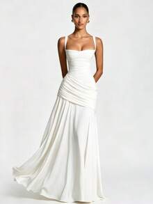 Elegant Women's Casual Party Dresses, Solid Color Strapless Sleeveless Fitted Waist Full Skirt European American Style Prom Dress - 白色 - 查看 3