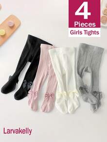 2/4 Pairs Girls Bow Decor Ribbed Tight Leggings, Sweet Daily All-Match Style, Versatile Spring/Autumn/All Season Children's Tights - Multicolor - View 24