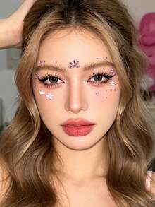 Pink Flower 3D Glitter Face Gems Y2K Self-Adhesive Rhinestones, DIY Concert Disco Party Shiny Face Decoration - Pink - View 2