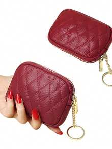 Caramel Diamond-Quilted Pebbled Coin Purse With Key Ring, Holds Coins, Cards, Car Key & Lipstick, Retro Style, Portable For Commute. - Multicolor - View 14