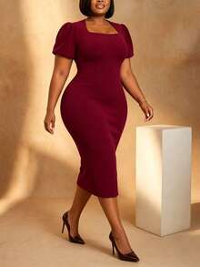 1pc Elegant Solid Color Asymmetric/Asymmetrical Midi Knit Dress, Office/Home/Casual/Night Wear, Spring/Summer - Burgundy - View 7