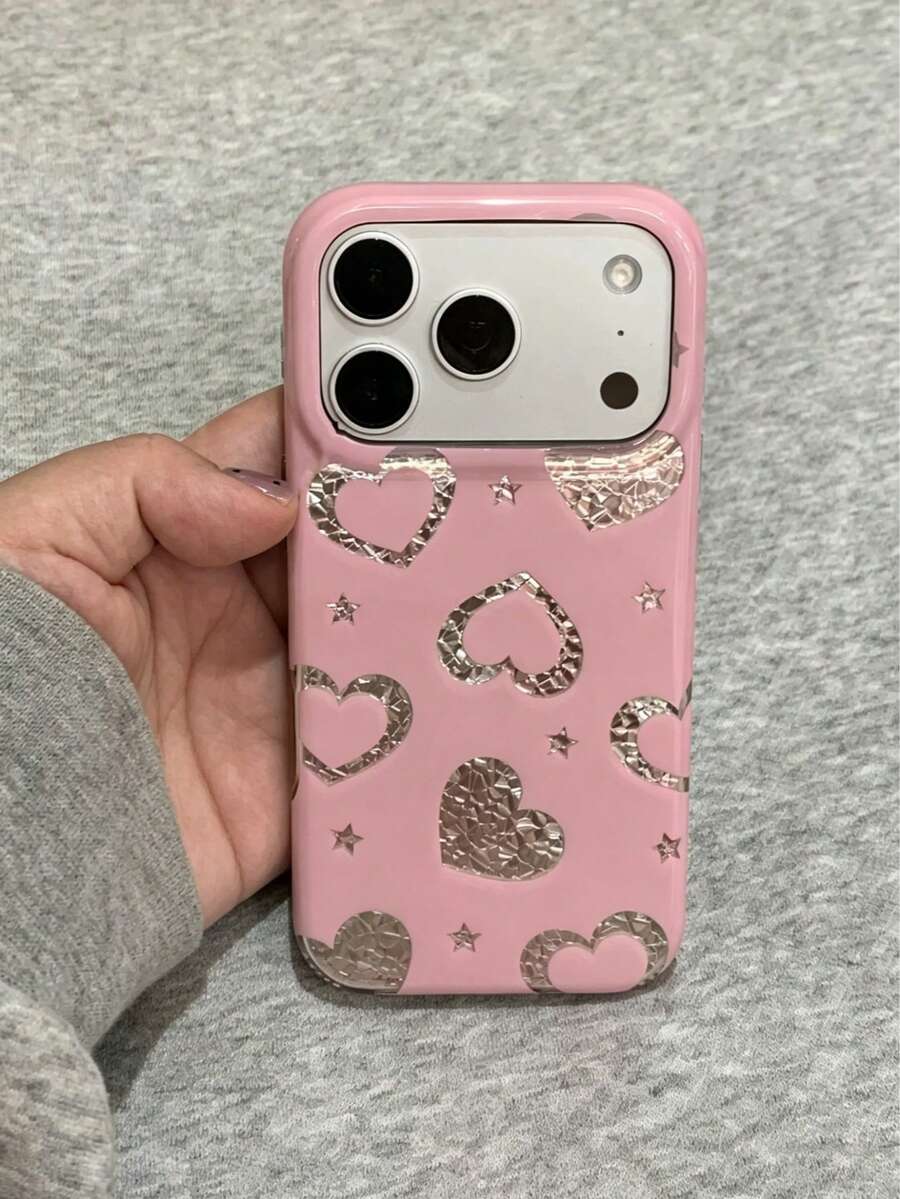 韓系甜美女孩風粉色鑽石圖案愛心手機殼,適用 Apple 17 Pro Max、16 Pro、17、15 Pro、14,雙層全包覆小眾高級防震手機保護殼 - 粉色 - 查看 1