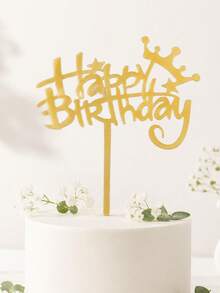 3pcs Gold Mirror Acrylic Happy Birthday Cake Topper With Crown Star Swirl Detail, Bold Graffiti Font With Stick, Sturdy Mirror PMMA For Kids & Teens Birthday Cake Decoration - C - View 2