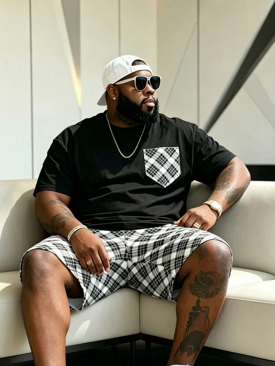 Plus Size Men's 2-Piece Outfit, Men's Street Casual Minimalist Series "Black & White Plaid Faux Pocket" Pattern Sports Set - Polyester Knit Fabric, Crew Neck Design, Drawstring Shorts, Pocket Details, Regular Fit, Suitable For Plus Size Body - Black - View 1