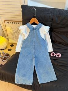 1pc Summer Girls Casual Fashion Heart Print Overalls + Ribbed Ruffle White Top 2pcs Set Suitable For Daily Outdoor Commute School Vacation Street - White - View 4