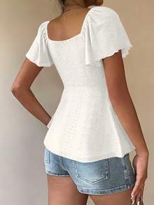 Women's T-Shirt, Modern And Elegant, New For Spring/Summer, Y2K Style, Solid Color, Jacquard, Comfortable And Breathable, With V-Neck, Adjustable Drawstring And Short Sleeves - 白色 - 查看 5