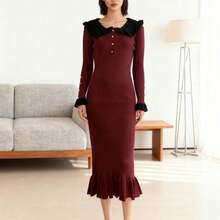 Long Knitted Dress Autumn Winter New Design Retro Style Elegant Feminine With Ruffles Fashion For Women - 酒紅色 - 查看 2