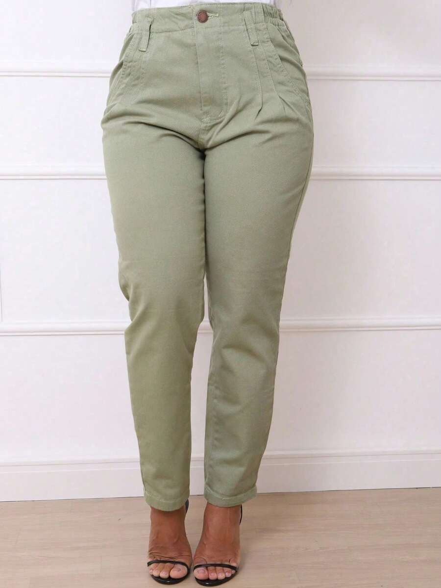 Women's Traditional Jeans With Metal Button - Olive Green - View 1
