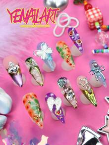 10pcs Press On Nails Acrylic Stiletto,Nude Pink,Purple,Royalblue,French Tip,Gold Green ,Star,Blooming Butterfly,Start,Wing,Bow,Nordic Full Cover False Nails Set,Summer Nail Supplies For Daily,Vacation,Holiday,Nail Art For Girls & Women - Multicolor - View 4