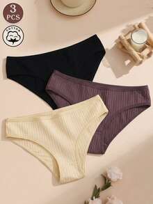 3 piezas de bragas básicas de unicolor a rayas para mujer, ropa interior de algodón cómoda y transpirable - Multicolor - Ver 1