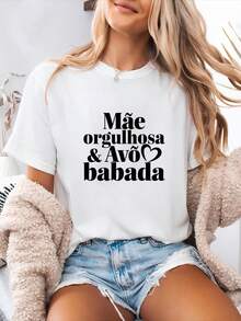 Pretty Blouses Women's T-Shirt Summer Cotton Printed Mãe Orgulhosa Avô Babada Short Sleeve Round Neck Daily Family Use Casual Blouses For Women - 白色 - 查看 1
