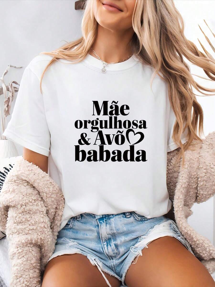 Pretty Blouses Women's T-Shirt Summer Cotton Printed Mãe Orgulhosa Avô Babada Short Sleeve Round Neck Daily Family Use Casual Blouses For Women - 白色 - 查看 1