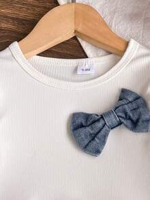 Baby Girl Spring/Autumn Casual Fashion 2-Piece Set, Denim Big Bow White Ribbed Lace Ruffle Long Sleeve Top + Butterfly Print Gradient Denim Long Pants - White - View 4