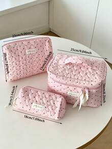 Cute Heart Quilted Pink Polka Dot Makeup Bag Soft Cotton Travel Cosmetic Organizer Bag With Handle, Large Capacity Toiletry Wash Bag Pencil Case - Pink - View 9