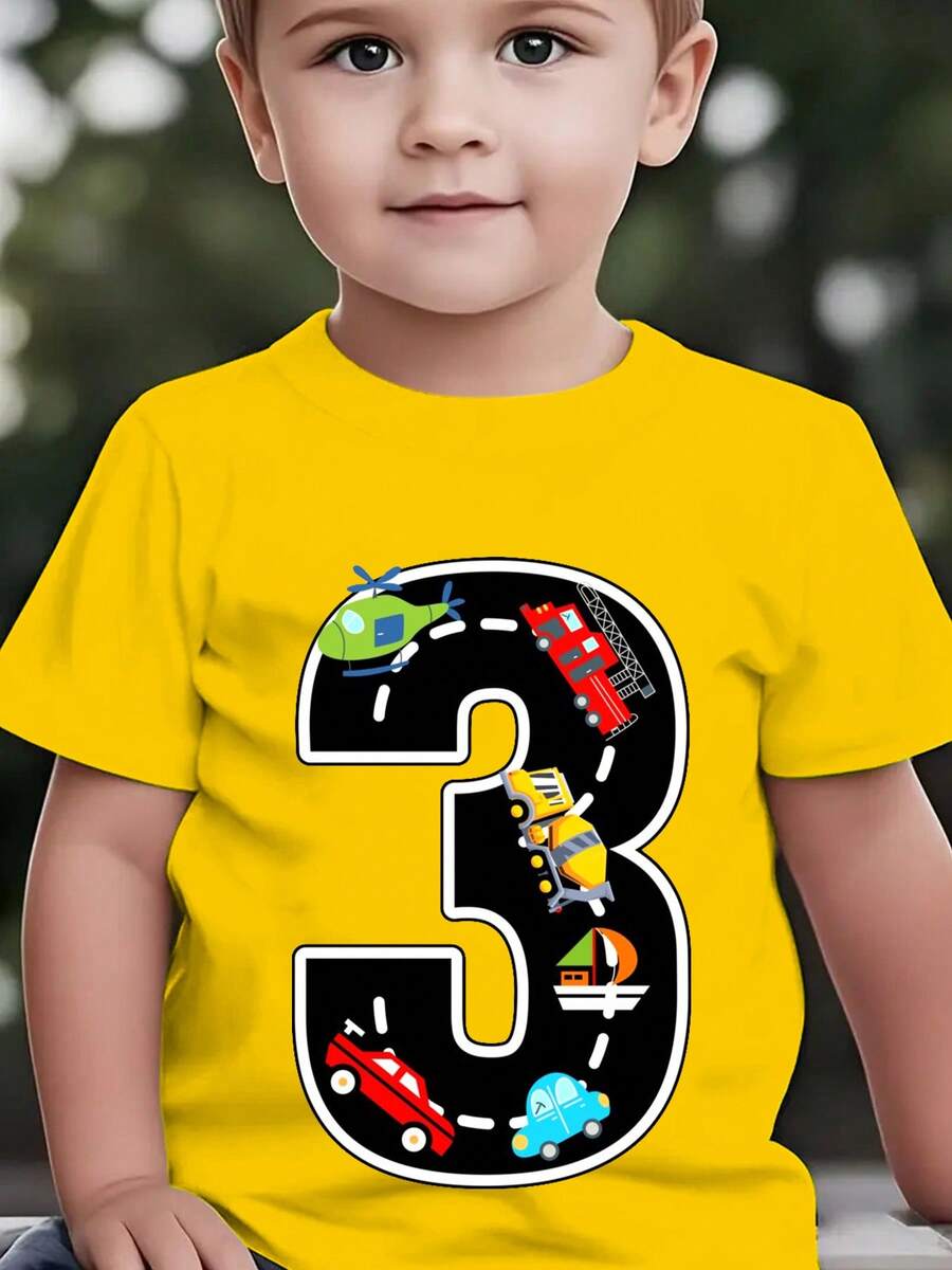 Fashionable Short-Sleeved T-Shirt For Children In Summer With Cartoon Prints Of The Number 3, Cars, Helicopters, Boats, Etc. Casual Outdoor Top NY-DX9726 - 黃色 - 查看 1
