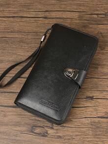 HOVI'S Cartera de hombre con correa larga para la muñeca - PU texturizado negro, múltiples ranuras para tarjetas, compartimento para teléfono, cierre con cremallera y broche, gran capacidad - Negro - Ver 2