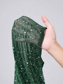 Women's Glitter Sequin Cardigan Jacket, Pleated Fabric With Gold Foil, 3/4 Sleeves, Business Casual For Women - 綠色的 - 查看 4