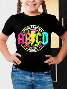 Short Sleeve T-Shirt For Boys And Girls With ABCD Letter Print And Lightning Bolt Kindergarten Rocks Retro Style Fun For Back To School - Black - View 1