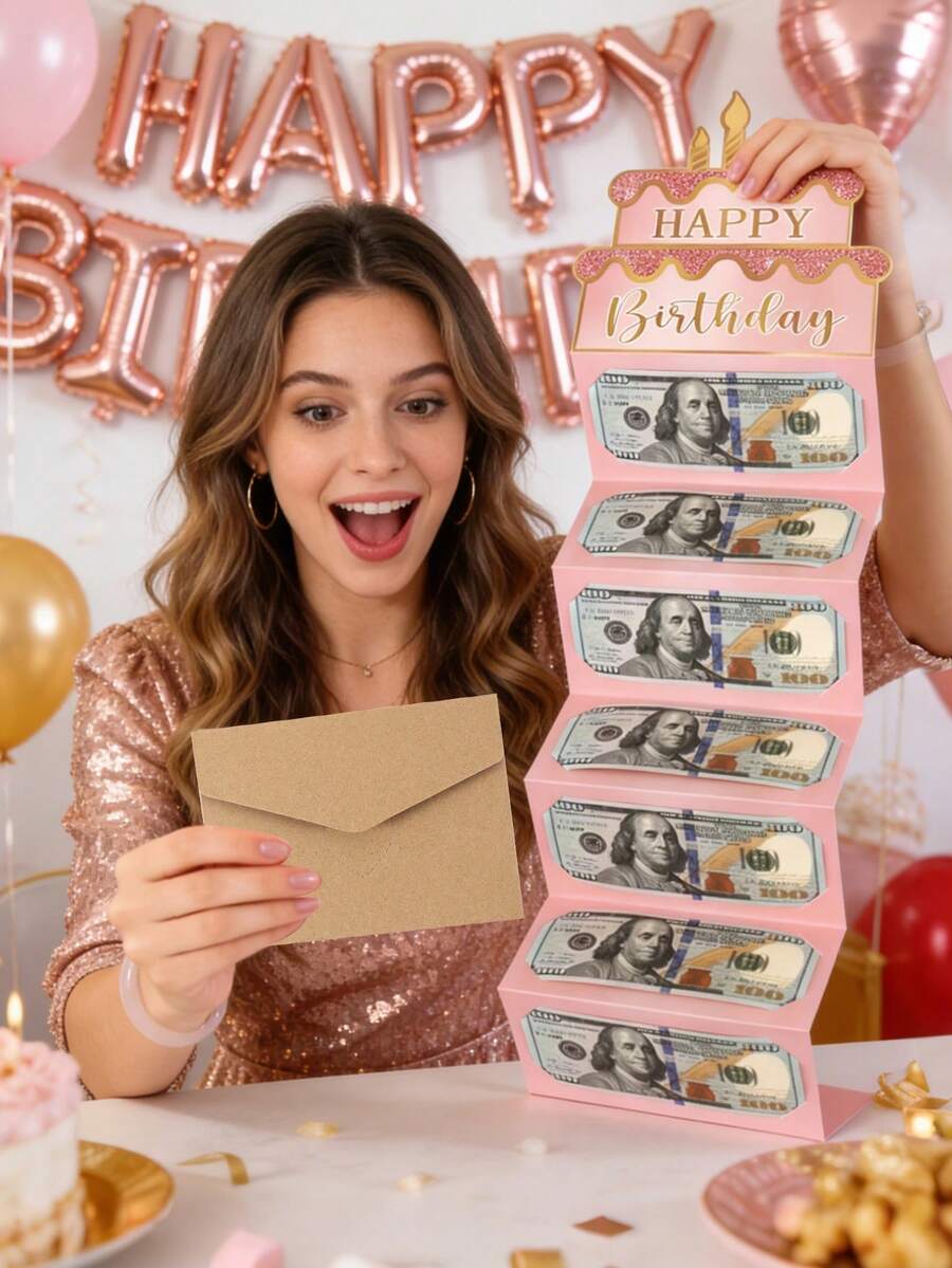 1 Set Pink Gold Happy Birthday Folding Cash Card, Pink Birthday Cake Pattern, Folding Money Card And Envelope, Perfect Choice For Birthday Party Supplies
