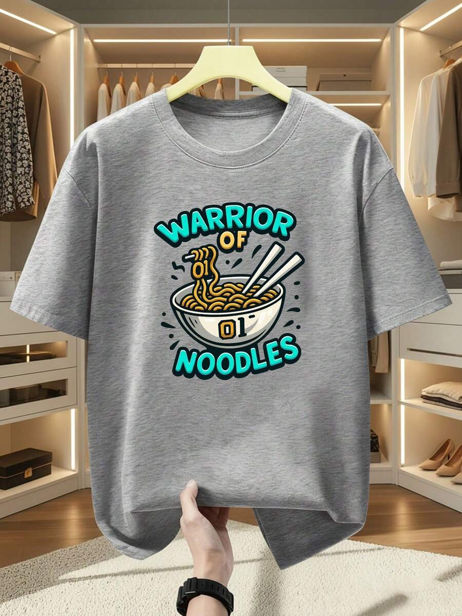 2026 Men's Clothing Plus Size T-Shirts For Men With 100% Warrior And Noodle Print, Crew Neck, Short Sleeve, Comfortable And Casual Summer T-Shirt - 灰色 - 查看 1