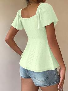 Women's T-Shirt, Modern And Elegant, New For Spring/Summer, Y2K Style, Solid Color, Jacquard, Comfortable And Breathable, With V-Neck, Adjustable Drawstring And Short Sleeves - 軍綠色 - 查看 5