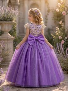 Girls Princess Flower Girl Dress Embroidered Tulle Bow Decor Puffy Ball Gown Prom Birthday Party Piano Recital Wedding Formal Pageant Wear - 紫丁香色 - 查看 2