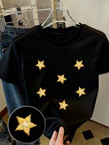 Y2K Women's Casual Summer T-Shirt - Exquisite Star Print T-Shirt - Y2k Style, Delicate, Ideal For A Gift, Casual Round Neck Top - Tra - 綠色 - 查看 8