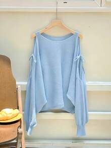 Jersey de manga murciélago de estilo europeo para primavera/verano, top holgado con cuello en V y mangas farol. - Azul cielo - Ver 1