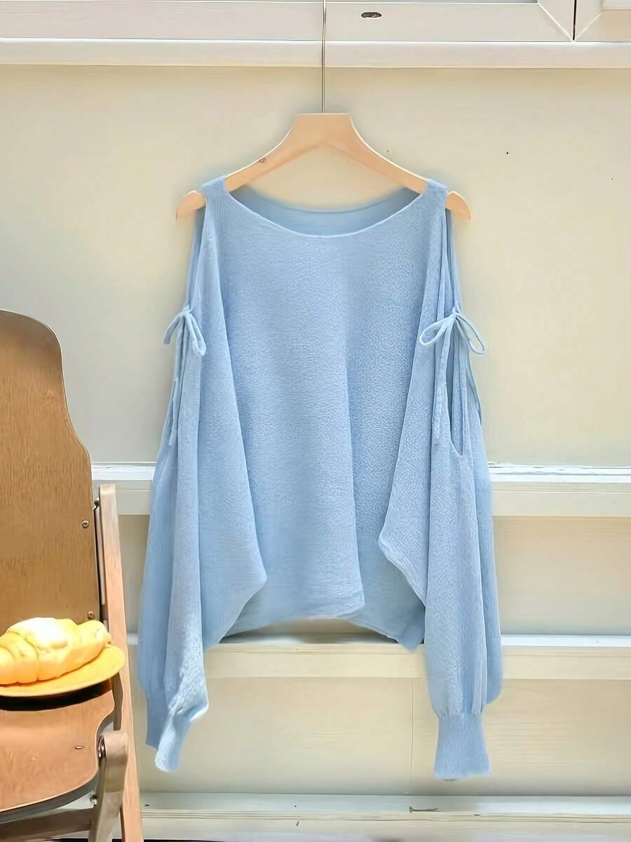 Jersey de manga murciélago de estilo europeo para primavera/verano, top holgado con cuello en V y mangas farol. - Azul cielo - Ver 1
